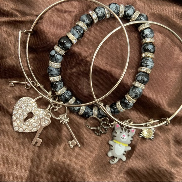 Set of 3 Handmade Black Silver Two Bangles One Beaded Bracelets - Picture 3 of 3